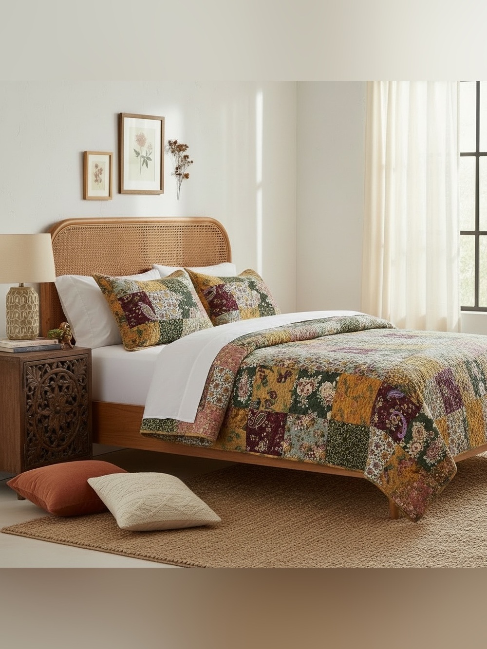 NEW Anthro Cotton Floral Reversible Patchwork Queen King Bedding Quilt Sham Set - Picture 2 of 15